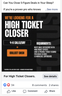 Facebook image ad headed We’re looking for a high ticket closer, with call volume and role requirements.