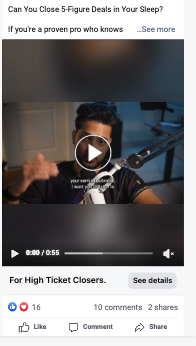 Facebook video recruiting ad for high-ticket closers featuring a person speaking on camera.