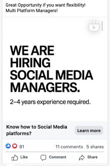 Facebook ad stating We are hiring social media managers and 2–4 years experience required.